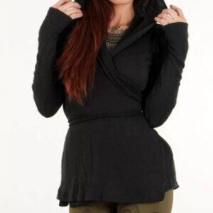 Black Hooded Wrap + Tie Cardigan S